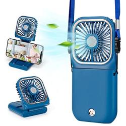 Portable Fan,Mini USB Desk Fan Phone Holder Rechargeable With Power Bank Wearable Personal Fan 3 Speeds Foldable Design For Office Kitchen Household Outdoors Travel(BLUE)