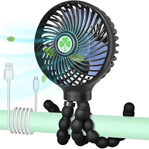 Ventilateur Portable Mini pour Poussette, 2600mAh, Ventilateur Personnel Portable, Ventilateur Miniature pour Siège Auto de Poussette avec Trépied Flexible Fixable sur Poussette, USB ou Alimenté par Batterie, Ventilateur Réglable à 3 Vitesse