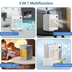 Portable Evaporative Air Conditioner Fan, Mini Desk Cooler Fan with 3 Speed for Bedroom, 4000mAh Cordless Rechargeable 120° Oscillating Fan with Sleep Night Light and Spray Mist Humidifier, White