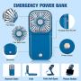 Portable Fan,Mini USB Desk Fan Phone Holder Rechargeable With Power Bank Wearable Personal Fan 3 Speeds Foldable Design For Office Kitchen Household Outdoors Travel(BLUE)
