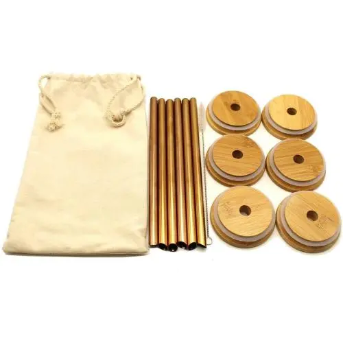 Bamboo lids for wide mouth mason jar set of 6 with 6 rose gold steel bubble (boba) tea straws and cleaning brush Bamboo lids for wide mouth mason jar set of 6 with 6 rose gold steel bubble (boba) tea straws and cleaning brush