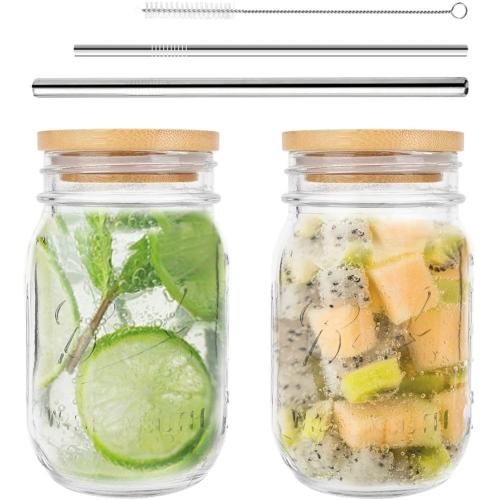 Mason Jar, Regular Mouth Mason Jars 16 Oz, Mason Jar Cups with Lids and Straws, Set of 2 Mason Jar Drinking Glasses