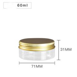 6Pcs 60ml Clear Round Plastic Jars with Golden Aluminium Lid - Empty Cosmetic Containers Bottle Case Pot for Storage Food Sample Lotion Facial Cream Mask Ointment Tea Pill