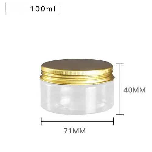 6er Sets 100ml Klare Runde Plastikbehälter mit Gold Aluminium Deckel - Leere Kosmetikbehälter Flasche Dose für Lagerung Lebensmittel Probe Lotion Gesichtscreme Maske Salbe Tee Pillen