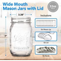 Ball Wide Mouth Mason Jars 32 oz. (12 Pack) - Quart Size Jars with Airtight Lids and Bands for Canning, Fermenting, Pickling, or DIY Decors and Projects with rubber jar opener