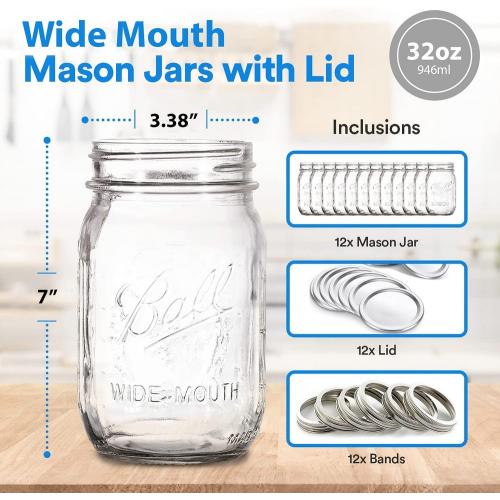 Ball Wide Mouth Mason Jars 32 oz. (12 Pack) - Quart Size Jars with Airtight Lids and Bands for Canning, Fermenting, Pickling, or DIY Decors and Projects with rubber jar opener Ball Wide Mouth Mason Jars 32 oz. (12 Pack) - Quart Size Jars with Airtight Lids and Bands for Canning, Fermenting, Pickling, or DIY Decors and Projects with rubber jar opener