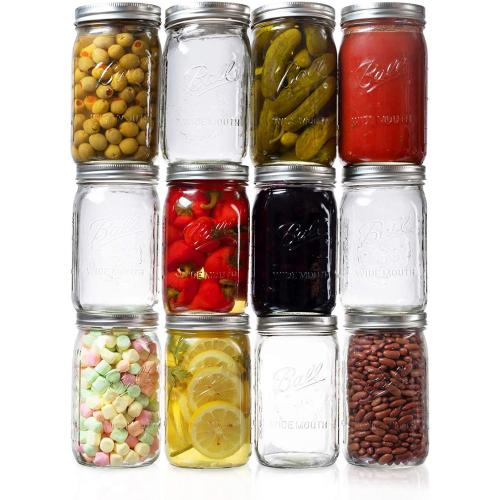 Ball Wide Mouth Mason Jars 32 oz. (12 Pack) - Quart Size Jars with Airtight Lids and Bands for Canning, Fermenting, Pickling, or DIY Decors and Projects with rubber jar opener