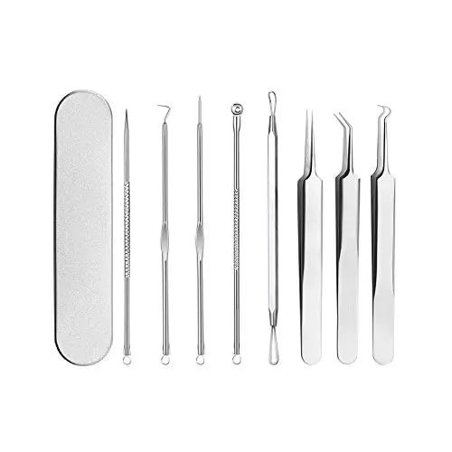Pinkiou Blackhead Entferner Comedone Pickel-Entferner Extraktionstool Set Behandlung für Mitesser und Pickel, 8-in-1 mit Metallkoffer