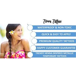 Terra Tattoos Tropical Hawaiian Metallic Tattoos - 75 Gold Silver Temporary Tattoos Turtles, Dolphins, Stars, Sun, Moon, Starfish, Seahorse, Coral, Palm Trees, Hibiscuses, Puka Shells & more!