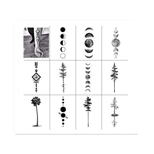 Adhésifs Tattoo Temporaires SanerLian Arbre Géométrique Noir Lune Phases de lune Flèche Art Corporel Waterproof Homme Femme 13.8X4cm Set de 12