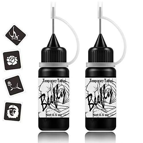 Kit de Tatouages Temporaires Beefly Jagua, Gel Semi Permanent Jagua, Encre (à Base de Fruit Jagua Organique), Dozens de Pièces, Stencils Gratuits, DIY Tatouages, Faux Taches, Kit Complet 2 Flacons (1oz)
