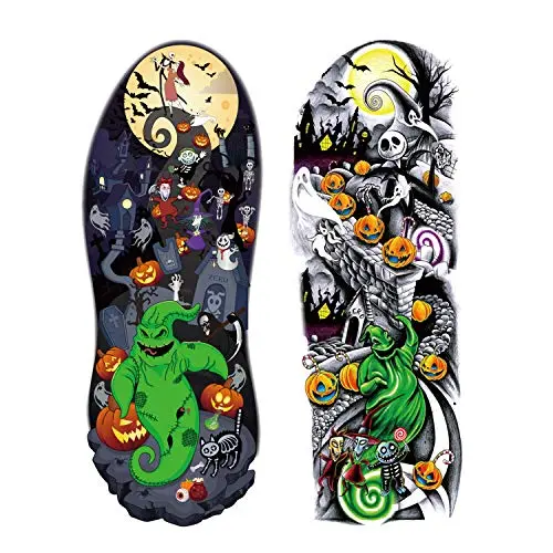 Konsait 12 Blatt Nightmare Before Christmas Große Vollarm Temporäre Tattoos, Tumbler Tattoo, Temporäre Ärmertattoos, Schwarze Körperkunstaufkleber für Armtattoos für Kinder Erwachsene Halloween Party, Maskerade