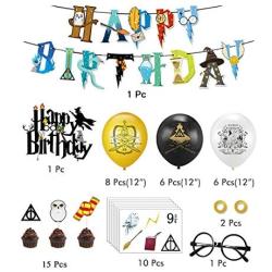 Magical Wizard Birthday Party Supplies Decorations, Harry Style Wizard School Glasses Birthday Banner, Balloons, Tattoos Stickers, Cupcake Toppers, Halloween Spooky Theme Decor Stuff for Girls 100pcs