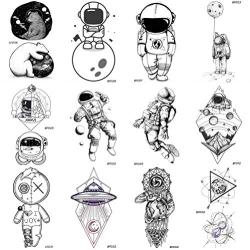 12 Pieces/Lot Fake Waterproof Temporary Star Tattoo Stickers Astronaut Illustration Men Body Arm Art Painting Women Black Tatoos Planets Geometric Universe Space Man Tattoos Paste 10x6cm