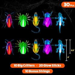 PartySticks Glow Critters 30pk Glow in The Dark Bug Toys and Glow Sticks - 3 Inch Fake Bugs Party Favors, Halloween Glow in The Dark Party Decorations - 10 Light Up Fake Toy Bugs, 20 Mini Glow Sticks