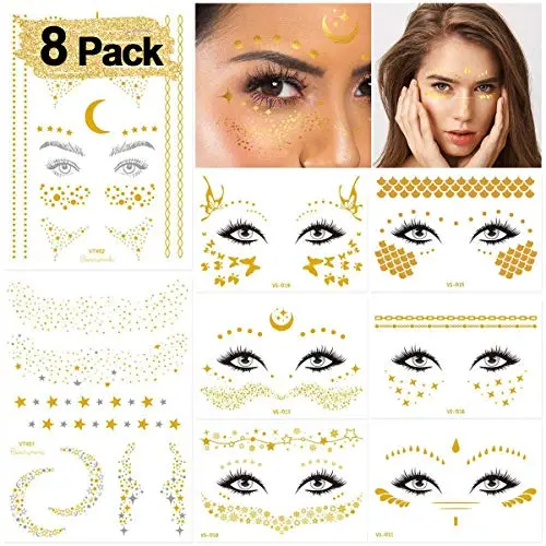 Halloween Gesicht Temporäre Tattoos, Sommersprossen-Sticker, Goldglitzer Metallic Wasserübertragungstätowierung für professionelle Make-up, Tänzer Kostüm