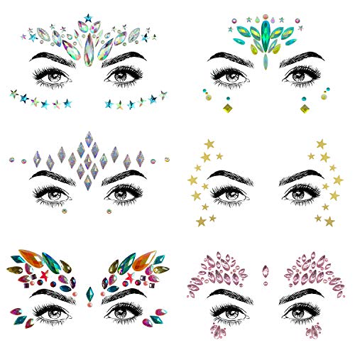 SHINEYES 6 Pcs Music Festival Face Jewels, Rhinestone Rave Face Gems Glitter,Crystal Birthday Party Festival Face Sticker, Eyes Face Body Temporary Tattoos for Festival Party