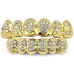 TOPGRILLZ 18K Plated Gold Grills Teeth Grillz for Men Women Iced Out Hip Hop Poker Diamond Top & Bottom Face Grills for Teeth Rapper Costume Cosplay