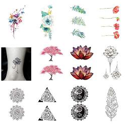 SanerLian Dandelion Lotus Flowers Temporary Tattoo Sticker Rose Sunflowers Watercolor Waterproof Women Girls Hand Arm Chest Back Body Art 10.5X6cm Set of 12 (Design1)