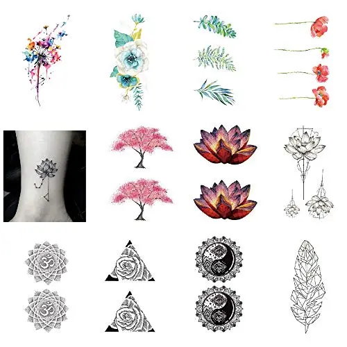 SanerLian Dandelion Lotus Blumen Temporäre Tattoos Rose Sonnenblumen Aquarell Wasserdicht Damen Mädchen Hand Arm Brust Rücken Körperkunst Set of 12 (Design1)