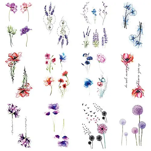 Étiquettes temporaires à l'effusion de fleurs 12 pièces/lot pour femmes et hommes, faux tatouages, étiquettes corporelles temporaires, étiquettes à l'effusion pour adultes, étiquettes à l'effusion pour les mains, étiquettes à l'effusion imperméables, 9,8 