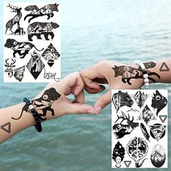 6 Sheets FANRUI Small Black Animals Temporary Tattoos For Women Kids Men Cute Geometric Mountain Forest Custom Lion Moon Star Fake Tattoo Sticker Waterproof Arm Children Tiny Hands Face Temp Tatoo Paw