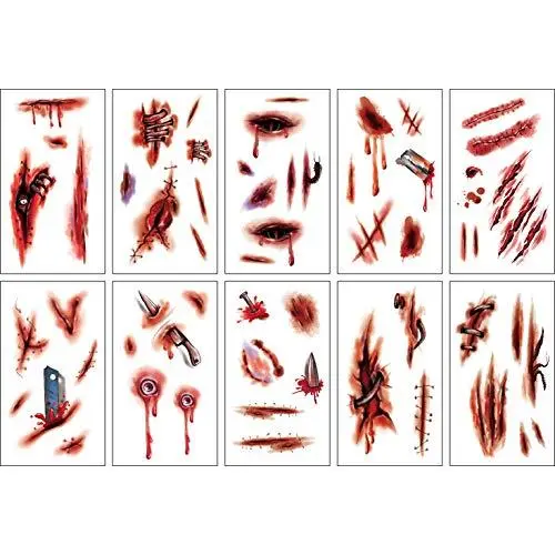 Halloween Temporäre Blutflecken-Tätowierungen, blutende Narben-Tattoo-Aufkleber – Zombie-Make-up, gruselige Fake-Narben, Blutverletzungen, Cosplay-Aufkleber für Halloween-Maskerade-Party, 10 Blatt