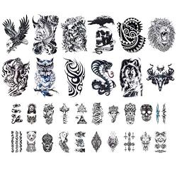 32 Sheets Temporary Tattoos Stickers, 12 Sheets Fake Arm Chest Shoulder Tattoos for Men with 20 Sheets Tiny Black Temporary Tattoos