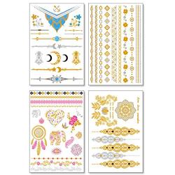 Metallic Temporary Tattoos for Women Teens Girls - 8 Sheets Gold Silver Temporary Tattoos Glitter Shimmer Designs Jewelry Tattoos - 100+ Color Flash Fake Waterproof Tattoo Stickers (Aruba)