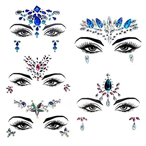 5 Sets Gesichtskristalle, Halloween Kristall Meerjungfrauen Gesichtswürfel Selbstklebende Aufkleber für Augen, Wasserdichte Glitter-Rhinestone-Temporär Tattoos für Halloween Party Festival Make-up