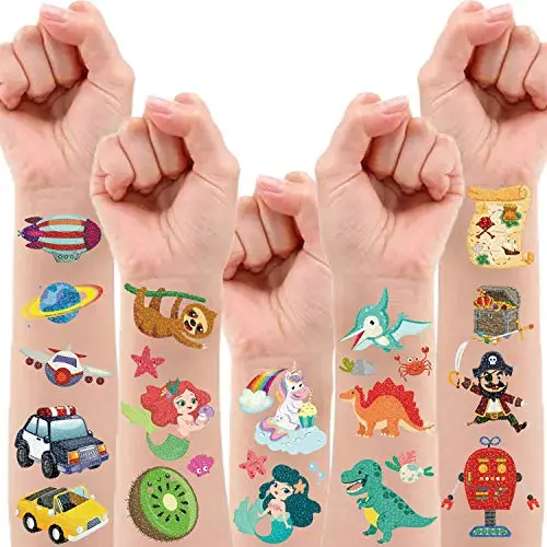 150 Pièces Tatouages Temporaires Étoilés pour Enfants, Stickers de Tatouage Faux Mignons pour Garçons et Filles, Décorations pour Fêtes d'Anniversaire, Cadeaux Favors avec Licorne Dino Sirène Construction Espace - 12 Feuilles