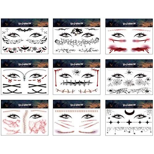 Halloween Temporary Tattoos Stickers Day of the Dead Horror Scar Tattoo Spider Web Spider Web Tattoos Stickers Face Makeup Horror Tattoo Halloween Cosplay Party Decorations Accessories 9 Sheets