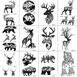 12 Pieces/Lot Black Elk Horn Little Waterproof Fake Tattoos Stickers For Men Women Arm Temporary Tatoos Moose Deer Hands Bear Fake Tattoo Paste Supplies 10x6cm