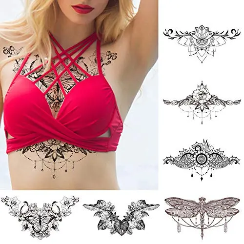 Glaryears 6 Blatt Schwarze Unterbrust Tattoo für Frauen, Blumen Vogel Libelle Blatt Temporäre Tattoos für Brust, Taille, wasserdichte Körperkunst 5,4 x 9,45“