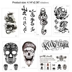 Konsait 30 Sheets Temporary Tattoos for Men Women Adult Fake Tattoo Body Art Stickers Waterproof Black Tiny Temporary Tattoo for Hand Neck Wrist Arm Shoulder Chest Back Legs, Dragon Anchor Lion Skull