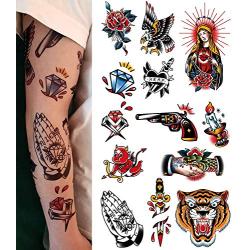 Imarisha Temporary Tattoos for Women Men Adults - Vintage Old School Design Body Arm Hand Temporary Semi-Permanent Tattoos Stickers 13 Sheets | Skin Safe | Waterproof | Removable