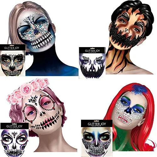 4 Pack Day Of The Dead Skull Temporary Rhinestone Temporary Face Tattoo,Face Stickers Gems Jewels for Halloween Festival Rave Party Outfit 4 Pack Day Of The Dead Skull Temporary Rhinestone Temporary Face Tattoo,Face Stickers Gems Jewels for Halloween Festival Rave Party Outfit