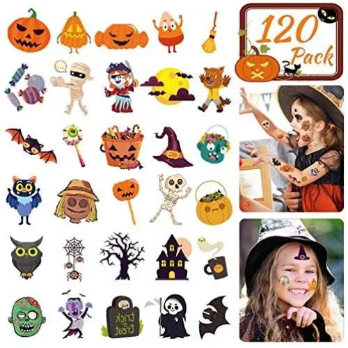 Halloween-Temporäre Tattoos für Kinder, Halloween-Sticker für Kinder, für Jungen & Mädchen, Halloween-Dekorationen für Kinder, 120Pcs Gemischt Wasserdichte Tattoos für Kinder, Party-Favoris, Kürbisfunktionier-Tattoos