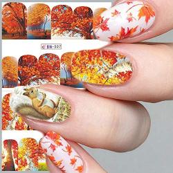 Fall Nail Art Stickers Halloween Thanksgiving Nail Art Accessories Decals 12 Sheets Maple Leaves Water Transfer Autumn Nail Stickers for Women Girls Fingernail Toenail Decoration Manicure Tips Tattoos