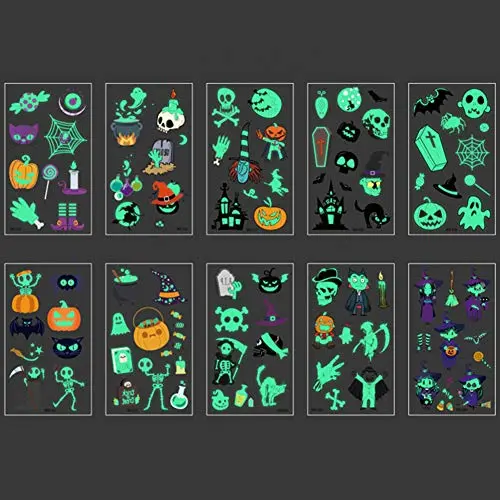 Kinderweihnachtliche Temporäre Tattoos, Leuchtende Halloween-Sticker für Kinder, Temporäre Tattoos für Gesicht, Körper, Arme, Kürbis, Geist, Teufel, Schädel, Trick or Treat, Wasserübertragbare Aufkleber für Baby Jungen Mädchen (10 Blätter)