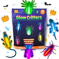 PartySticks Glow Critters 30pk Glow in The Dark Bug Toys and Glow Sticks - 3 Inch Fake Bugs Party Favors, Halloween Glow in The Dark Party Decorations - 10 Light Up Fake Toy Bugs, 20 Mini Glow Sticks