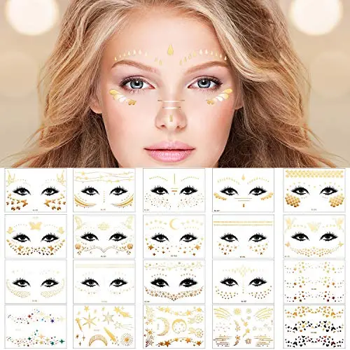 20 Pack Halloween Face Temporary Tattoo Sticker Face Gold Metallic Temporary Transfer Tattoo Freckle Sticker for Woman Girls Makeup Dancer Costume Parties 20 Pack Halloween Face Temporary Tattoo Sticker Face Gold Metallic Temporary Transfer Tattoo Freckle Sticker for Woman Girls Makeup Dancer Costume Parties