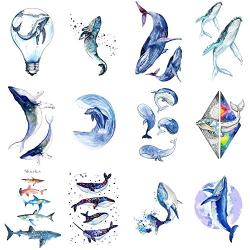 WYUEN 12 PCS/lot Whale Shark Temporary Tattoo Sticker for Women Men Fake Tatoo Body Art Adult Waterproof Stickers 9.8X6cm W12-06