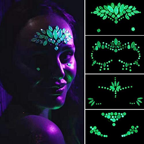 4er Set Leuchtende Gesichtsschmuck Aufkleber Glow in Dark Temporäre Tattoos Pailletten Aufkleber Farbige Selbstklebende Glitzer Harz Juwelen Augen Stirn Funkelnder DIY Make-up Party Dekorationen Sets