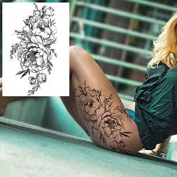 COKTAK 6 Pieces/Lot 3D Realistic Large Black Rose Flower Temporary Tattoos For Women Body Art Arm Big Peony Geometric Tattoo Stickers Adults Fake Waterproof Tatoo Legs Sketch Sexy Girl Peach Lily