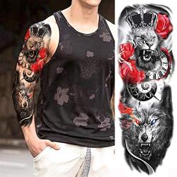 COKTAK 11 Sheets Cool Full Arm Temporary Tattoos For Men Body Sleeve Fake Military Warrior Tattoo Stickers Rose Beast Wolf Lion Tiger Eye Totem Extra Large Tatoos Women Leg Half Armband Animal Adults