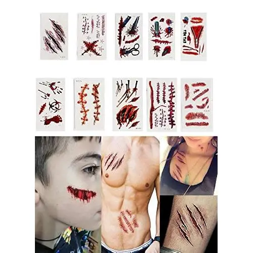 Zhenpony Halloween Temporäre Tattoo Aufkleber, Zombie Make-up Narbe, Wasserfest und Nicht-toxisch, Realistische Lang anhaltende Blutungseffekt Fälsche Narben-Set (84 Stück)