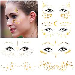 16 Sheets Face Tattoo Sticker, Freckle Sticker, Face Metallic Temporary Tattoo Water Transfer Tattoo for Professional Make up Dancer Costume Parties