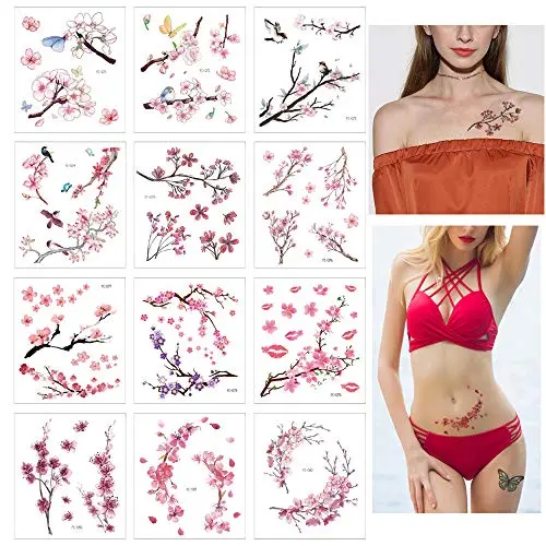 Étiquettes temporaires en forme de cerisiers en fleurs, 12 feuilles, pour femmes, art corporel, printemps, été. Étiquettes temporaires en forme de cerisiers en fleurs, 12 feuilles, pour femmes, art corporel, printemps, été.