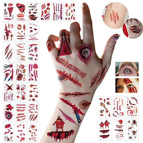 LessMo Halloween Temporary Tattoos, 30 Sheet Tattoo Stickers with Fake Bloody Scar, Wound Injury Body Stickers, Waterproof, Realistic, for Halloween Party, Masquerade, Prank, Makeup Props LessMo Halloween Temporary Tattoos, 30 Sheet Tattoo Stickers with Fake Bloody Scar, Wound Injury Body Stickers, Waterproof, Realistic, for Halloween Party, Masquerade, Prank, Makeup Props